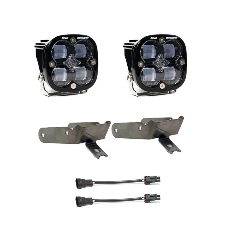 The Baja Designs 99-10 Ford Super Duty Fog Pocket Kit includes two rectangular LED fog lights, each equipped with four bulbs. The kit comes with two metal brackets and wiring connectors, making it ideal for automotive use with your Ford Super Duty. The product is displayed against a plain white background.