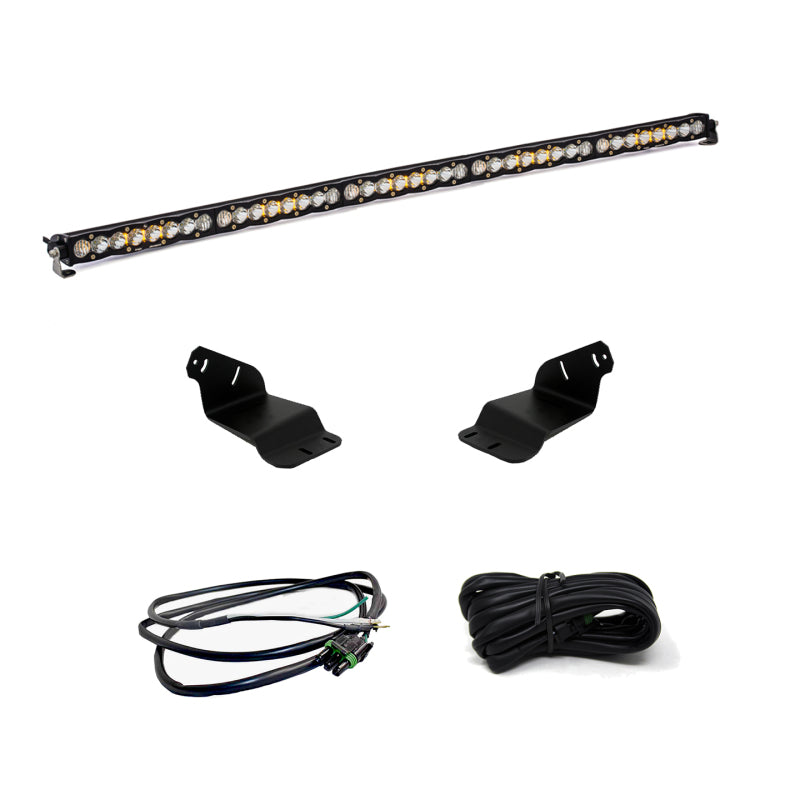 Baja Designs 2021+ Ford Bronco Roof Light Bar Kit 50 S8 w/Upfitter includes two mounting brackets, a wiring harness, and additional cables for installation. This roof light bar features multiple LED bulbs arranged in a straight row, ideal for off-road adventures.