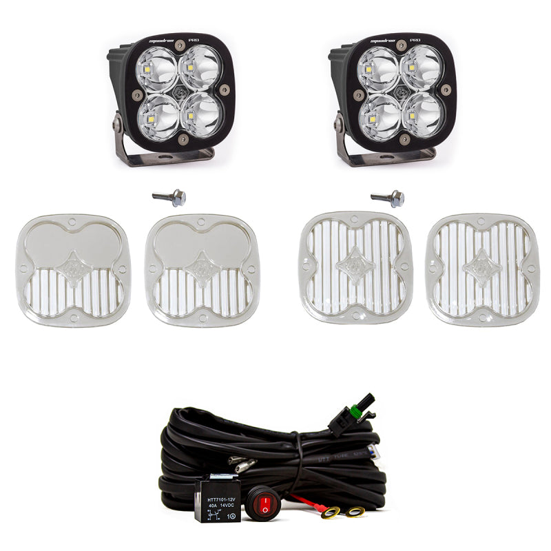 The Baja Designs 2021+ Ford Bronco A-Pillar Light Kit - Squadron Pro Spot includes a pair of square LED lights, each equipped with four bulbs. This kit is ideal for your Ford Bronco and comes with four interchangeable covers and a black wiring harness featuring a power switch.