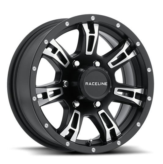 Raceline 840 Arsenal 15x5in / 5x114.3 BP / 0mm Offset / 3.19mm Bore - Black & Machined Wheel