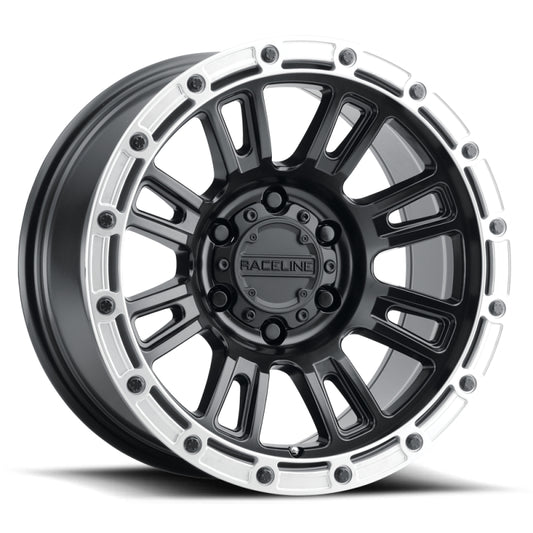 Raceline 956BS Compass 18x9in / 6x135 BP / 18mm Offset / 87.1mm Bore - Black & Silver Lip Wheel