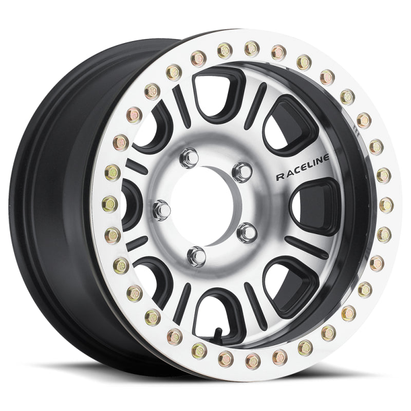 Raceline RT232 Monster 15x8in/5x114.3 BP/-32mm Offset/83.82mm Bore - Black & Machined Beadlock Wheel