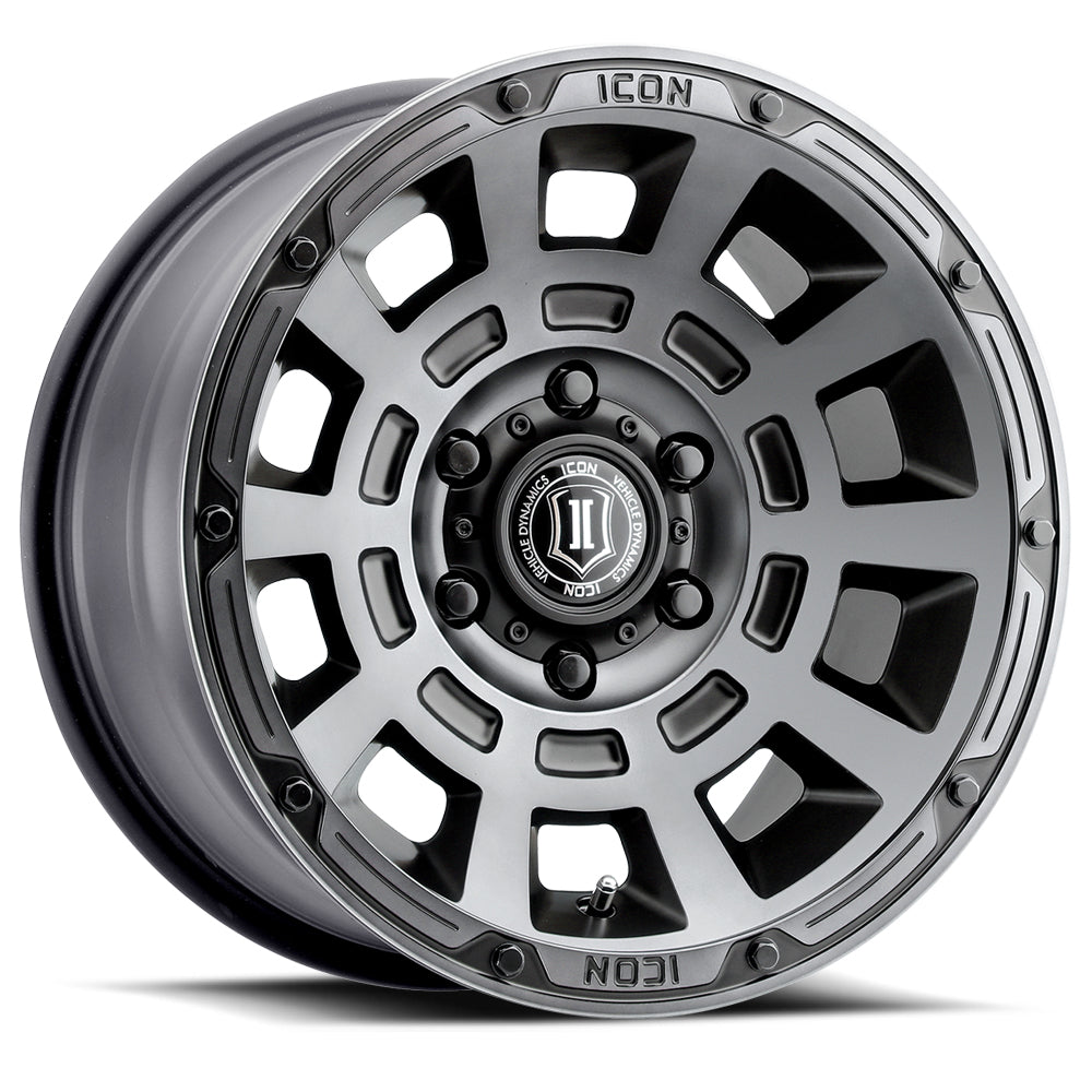 Thrust 17 X 8.5 / 6 X 5.5 / 0 MM / 4.75 Inch Back Space Smoked Satin Black, ICON Alloys