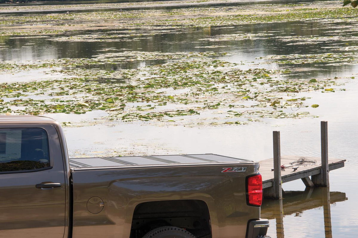 BAKFlip FiberMax Hard Folding Truck Bed Cover Rail Mounts Near Top of Bed Rail Rails Can Be Lowered Using Drop Down Brackets 2022-2026 Toyota Tundra with or without Deck Rail System w/out Trail Special Edition Storage Boxes BAK