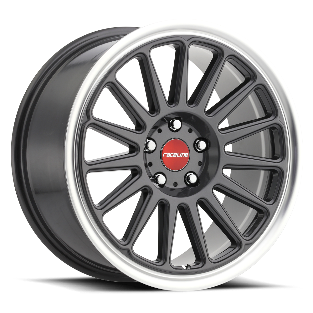 Aluminum Wheels 17x9 Grip 315G Gloss Gunmetal Grray Machined Lip-Red Logo Raceline Wheels
