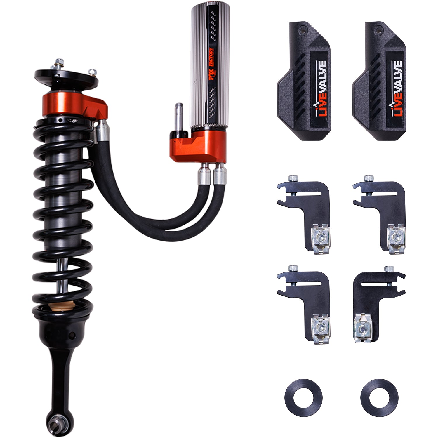 21.5-On Ford Raptor Front Coilover Live Valve Internal Bypass3.0 Series Remote Reservoir 35 Inch/37 Inch Tire 0-1 Inch/0-.5 Inch Lift Kit Fox Shocks