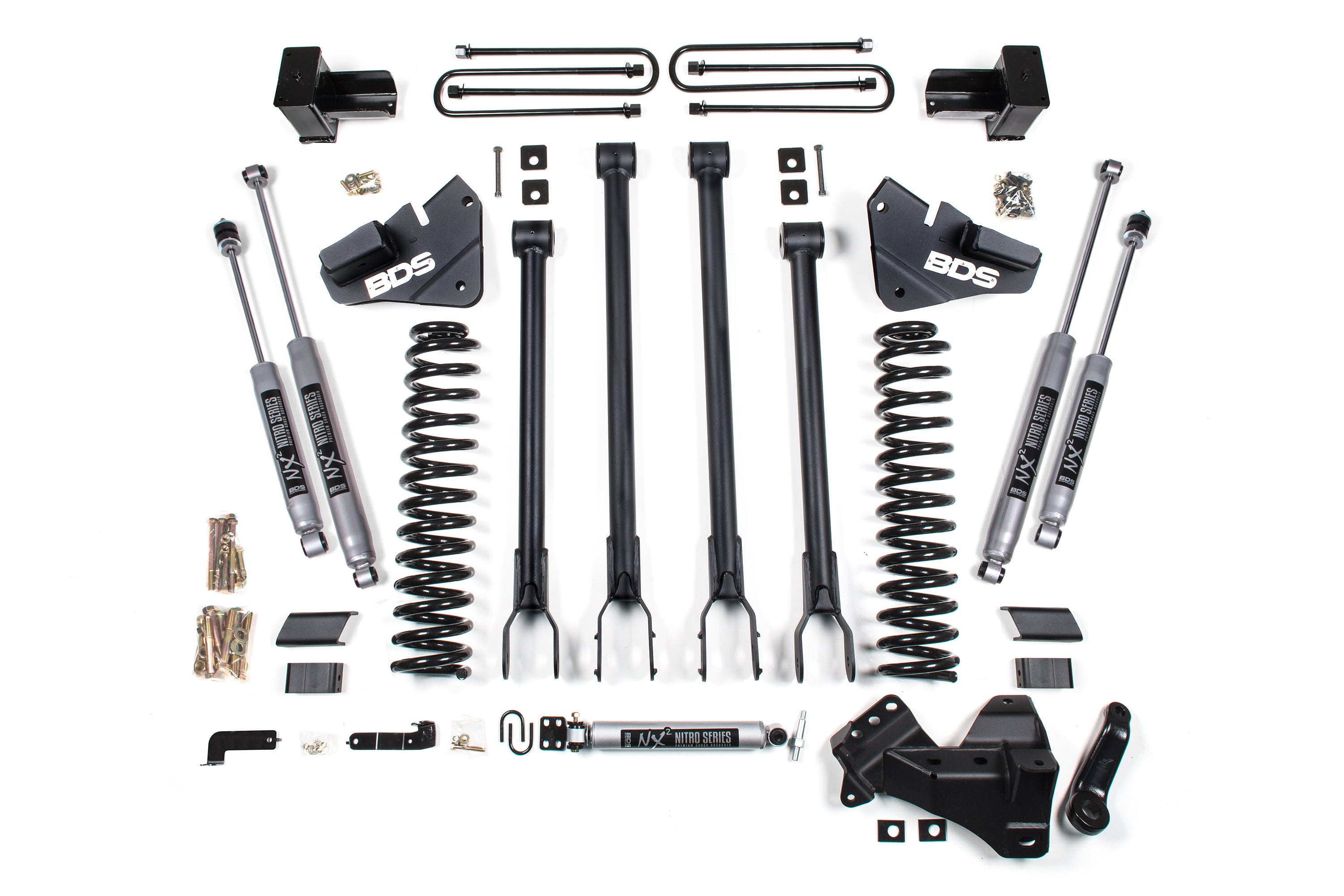4 Inch Lift Kit 4-Link Conversion Ford F250 / F350 Super Duty 17-19 4WD Gas 5 Inch Block with 3 Leaf Main BDS Suspension