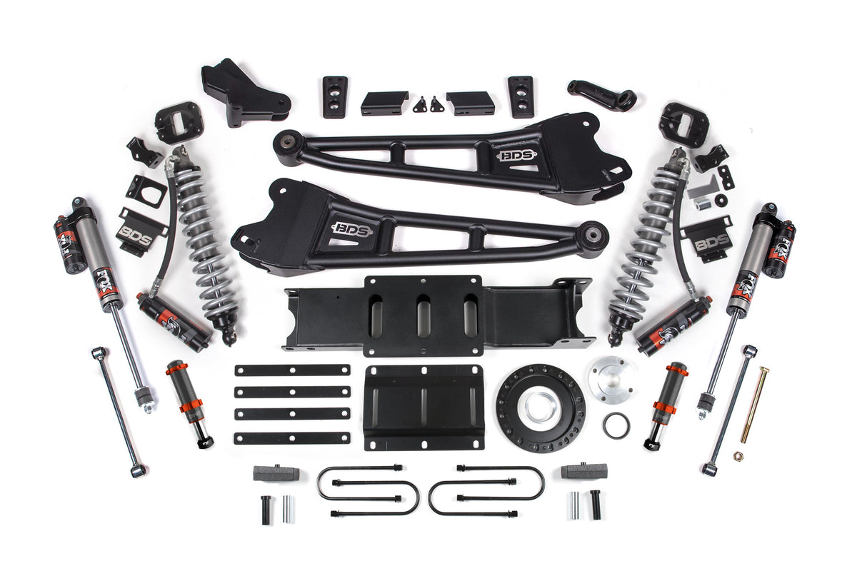 13-18 Ram 3500 4WD 4 Inch Radius Arm Suspension Lift Kit, 2 Inch Rear, Block, 6 Bolt Diesel - Fox 2.5 Performance Elite Series C/O Front, FOX 2.0 Front Bump, Fox 2.5 Performance Elite Series Rear BDS Suspension