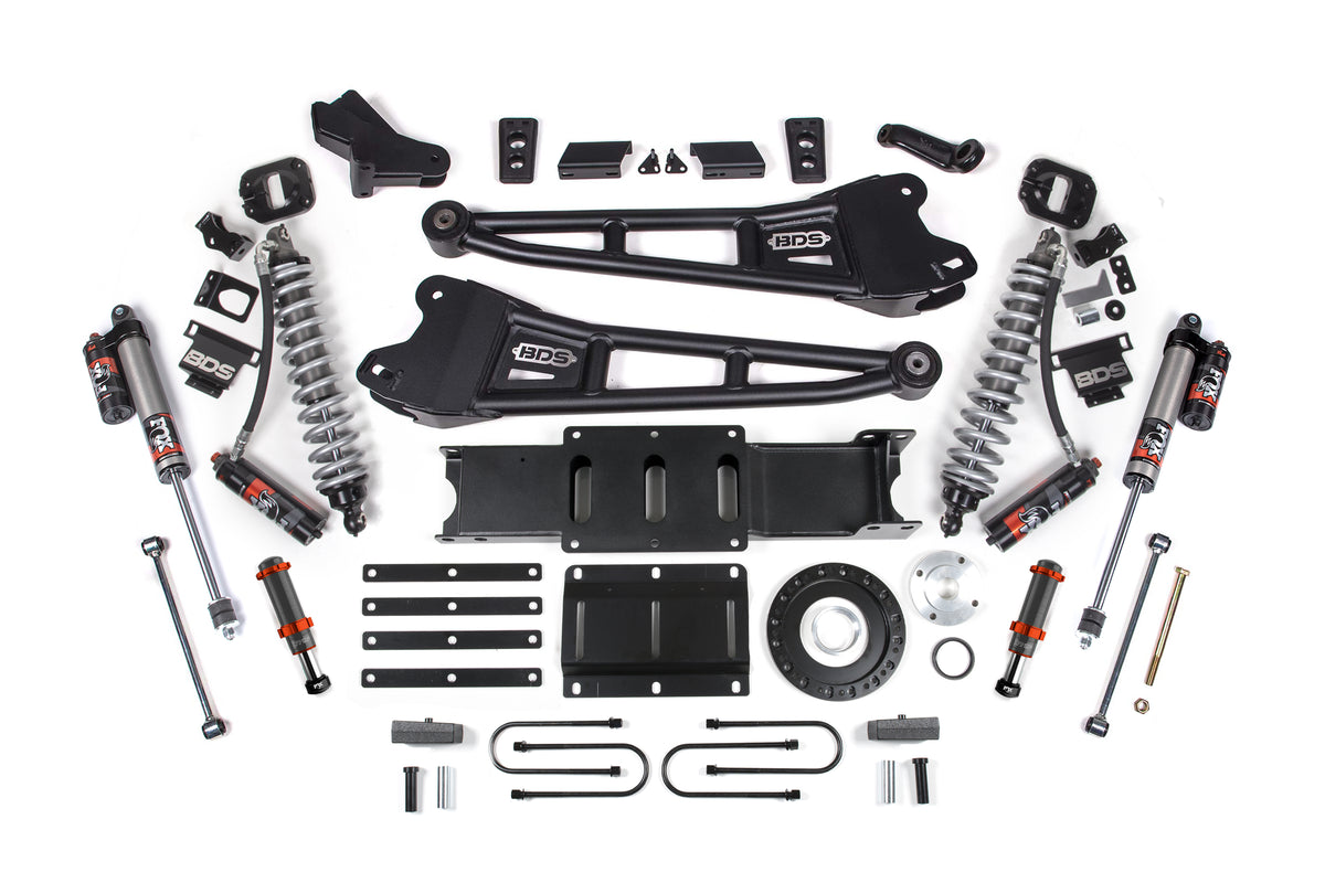 13-18 Ram 3500 4WD 4 Inch Radius Arm Suspension Lift Kit, 2 Inch Rear, Block, 8 Bolt Diesel - Fox 2.5 Performance Elite Series C/O Front, FOX 2.0 Front Bump, Fox 2.5 Performance Elite Series Rear BDS Suspension