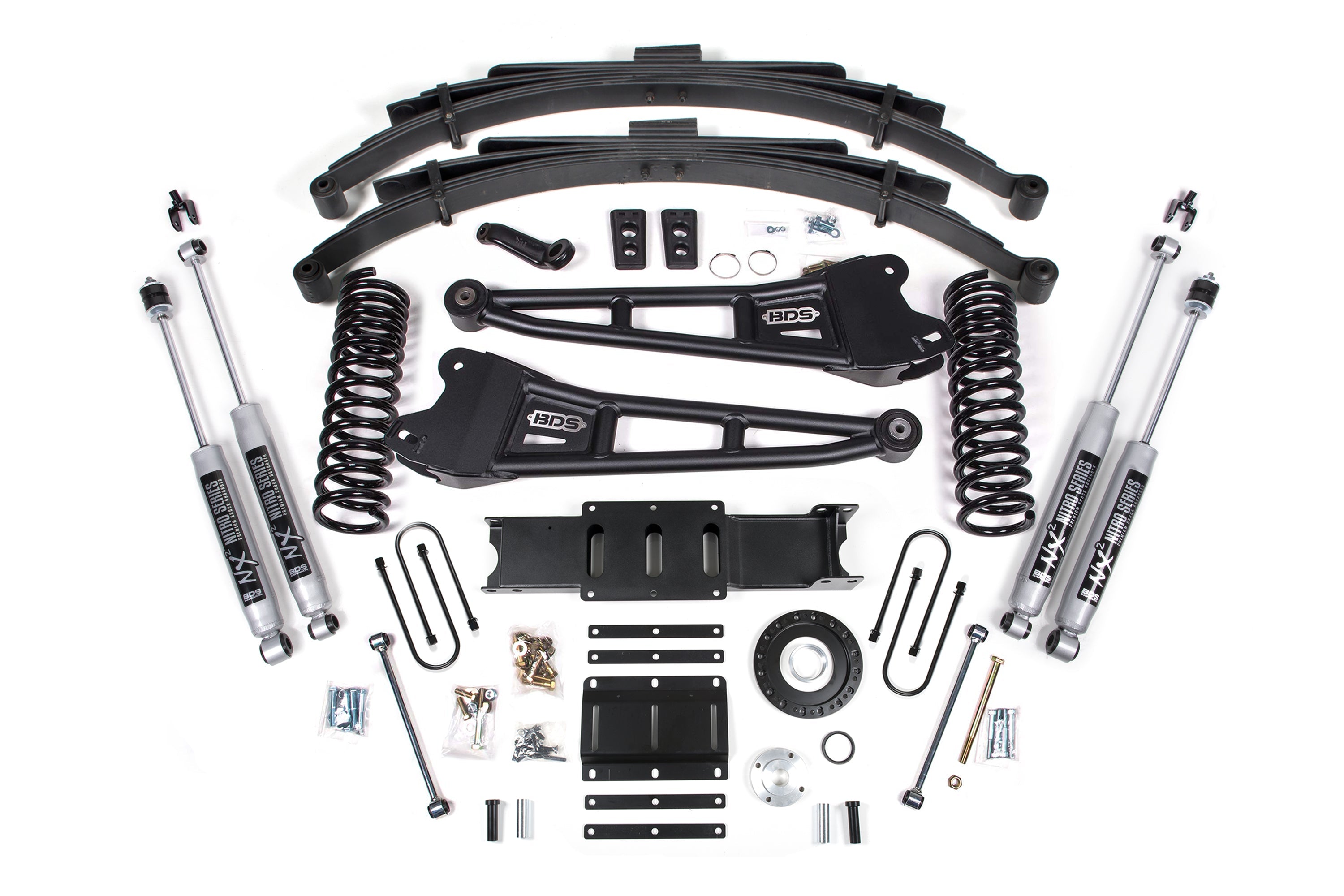 13-18 Ram 3500 4WD (Diesel) 6 Inch Radius Arm Suspension Lift Kit, 8-Bolt Indexing Ring, 4 Inch Rear Lift, Block - Fox 2.0 IFP Performance Series Shocks BDS Suspension
