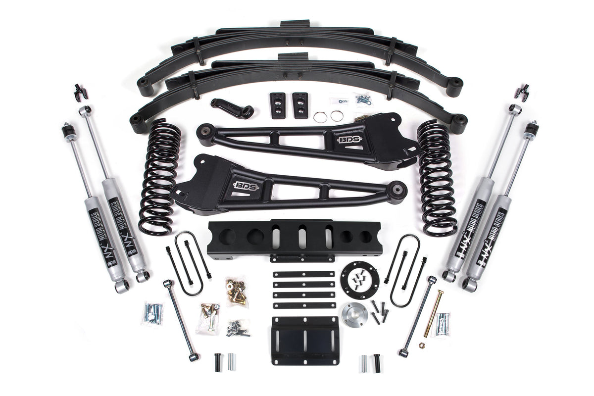 13-18 Ram 3500 4WD (Diesel) 6 Inch Radius Arm Suspension Lift Kit, 8-Bolt Indexing Ring, 4.5 Inch Rear Lift, Leaf Spring - Fox 2.0 IFP Performance Series Shocks BDS Suspension