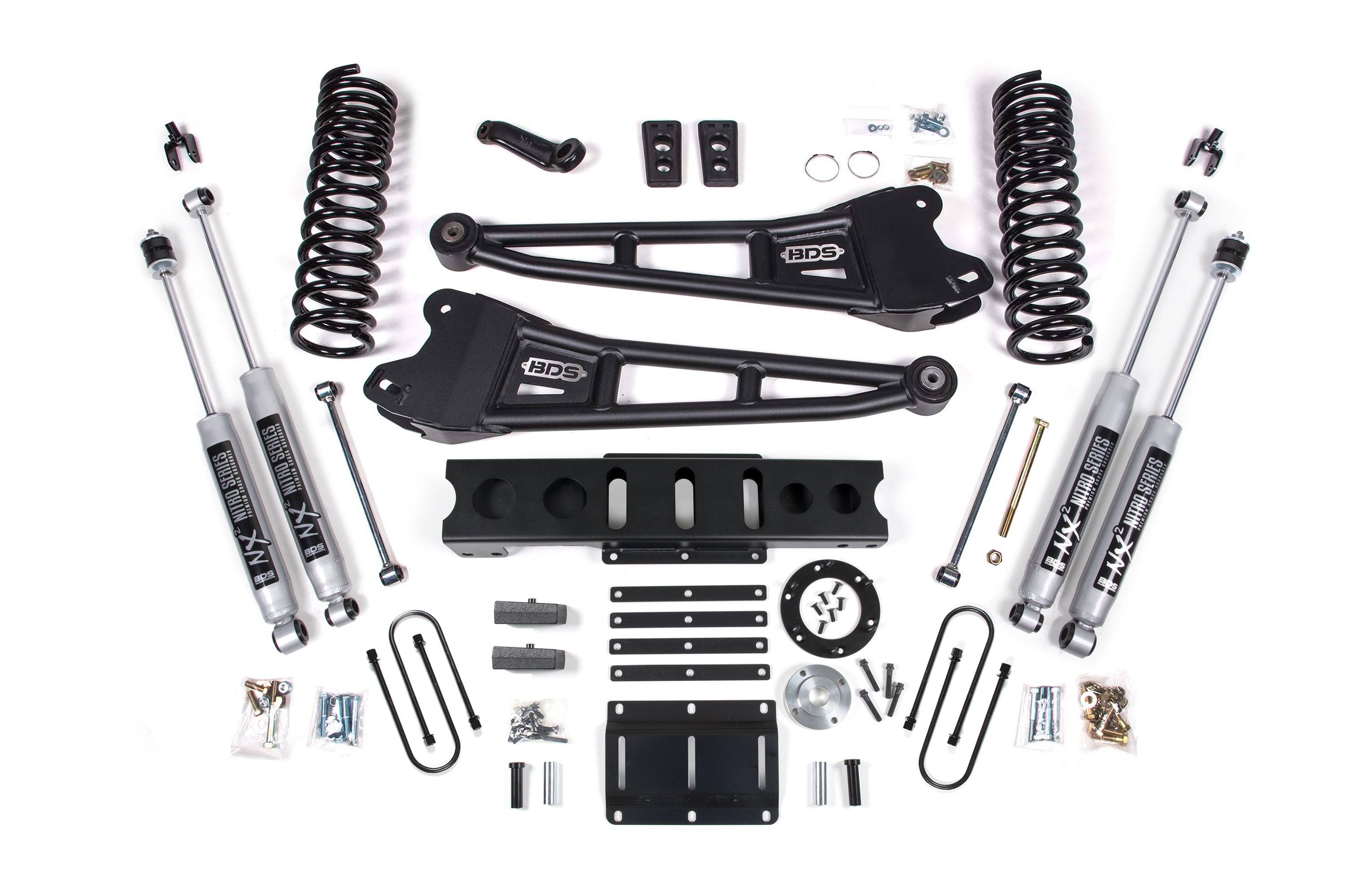 13-18 Ram 3500 4WD (Diesel) 6 Inch Radius Arm Suspension Lift Kit, 6-Bolt Indexing Ring, 4 Inch Rear Lift, Block - NX2 Nitro Series Shocks BDS Suspension