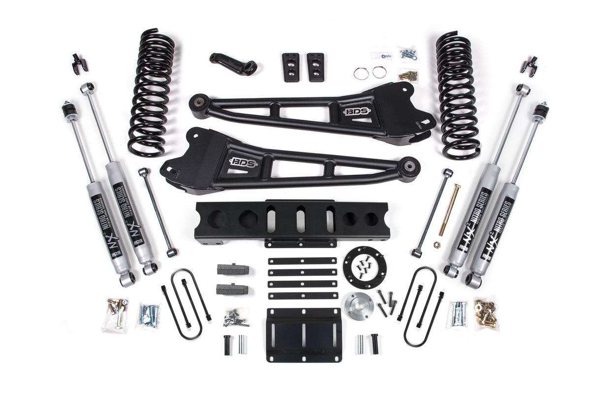 13-18 Ram 3500 4WD (Diesel) 6 Inch Radius Arm Suspension Lift Kit, 6-Bolt Indexing Ring, 4 Inch Rear Lift, Block - NX2 Nitro Series Shocks BDS Suspension