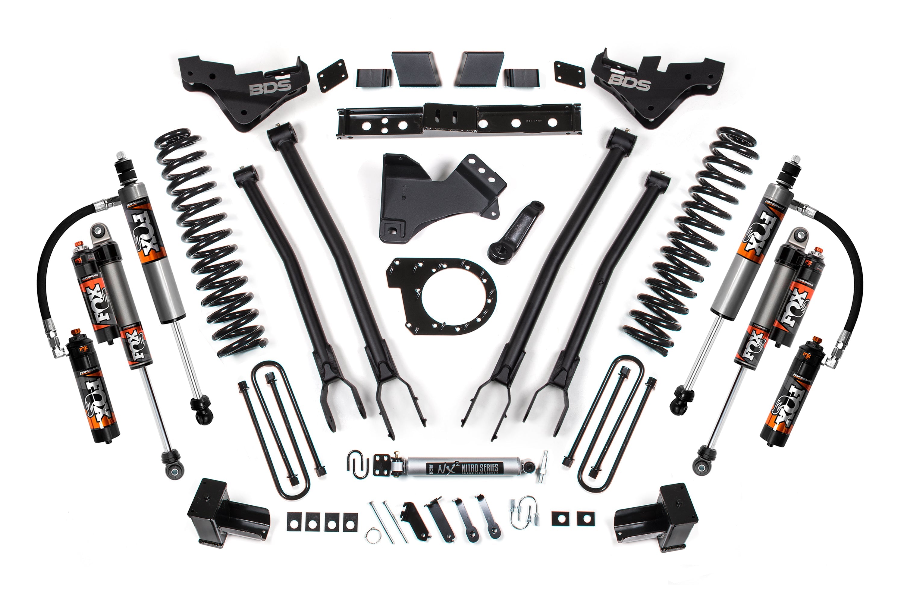 23-26 Ford F-350 Super Duty 4WD 7 Inch 4-Link Suspension Lift Kit, 4 Inch Rear, Block, Diesel, DRW - Fox 2.5 Performance Series HTO Shocks BDS Suspension