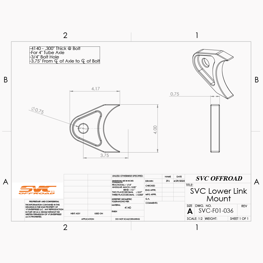 SVC Offroad Billet Chromoly Axle Lower Link Mount